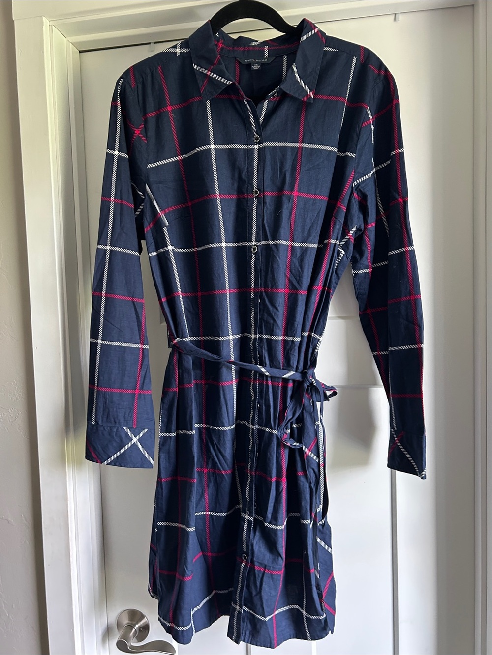 Tommy Hilfiger Navy Blue & Red Plaid L/S Tie-Waist Shirt Dress Size XXL